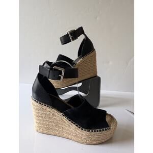 MARC FISHER Adalyn Peep Toe Espadrille Wedge Black‎ Suede Leather Women's 9.5